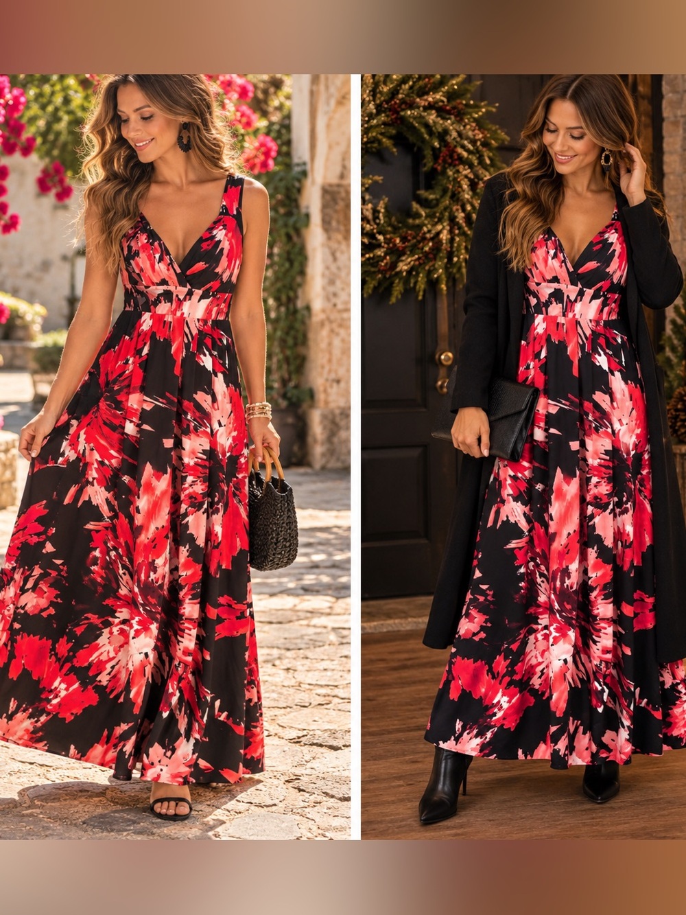 Bisou Bisou Black Red Floral Maxi Dress Size 12 V-Neck Sleeveless Y2K Date Night